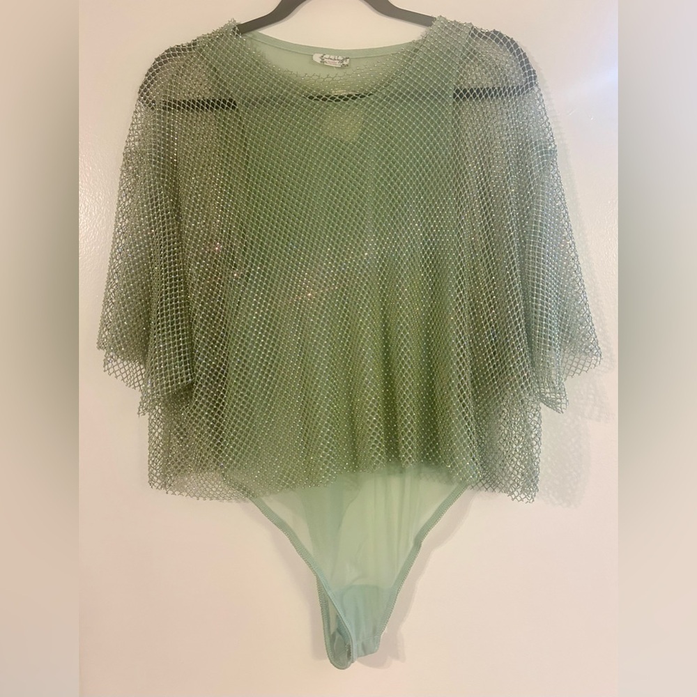 Free People Sage Green Mesh Overlay Bodysuit